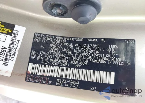 2005 Toyota Sienna Ce/Le из США, поврежденный, VIN 5TDZA23C85S262861